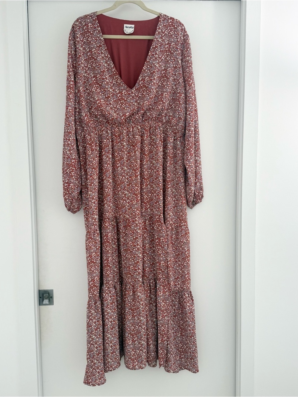 Arula Orange Dainty Floral Tiered Long Sleeve Maxi Dress Sz 2X Summer Feminine